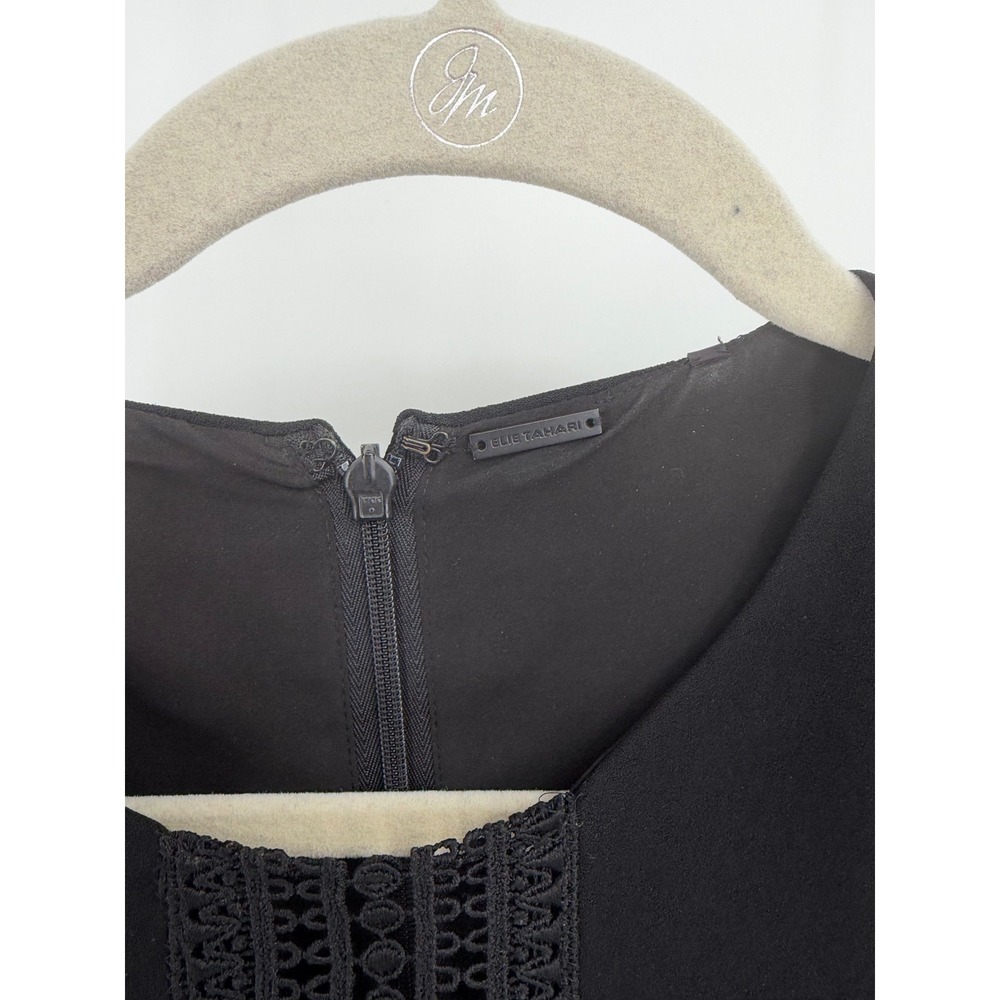 Elie Tahari Black Crochet Sheath Dress – Bell Sleeve Lace Inset Size 2 - Picture 5 of 10